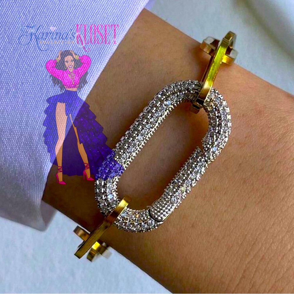 Diamond Pave Oval Carabiner Paperclip Chain Bracelet 💎